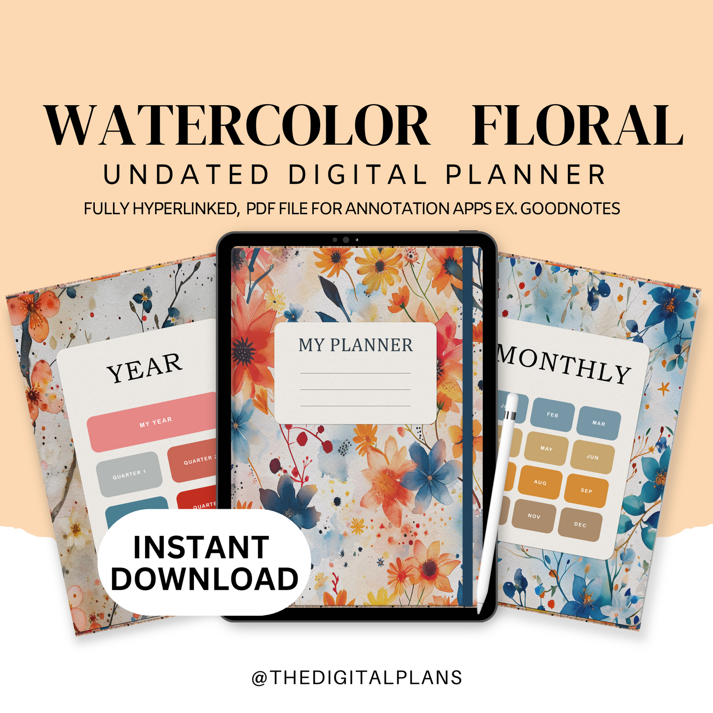 Watercolor Floral Digital Planner, Undated Minimalist for iPad & Android