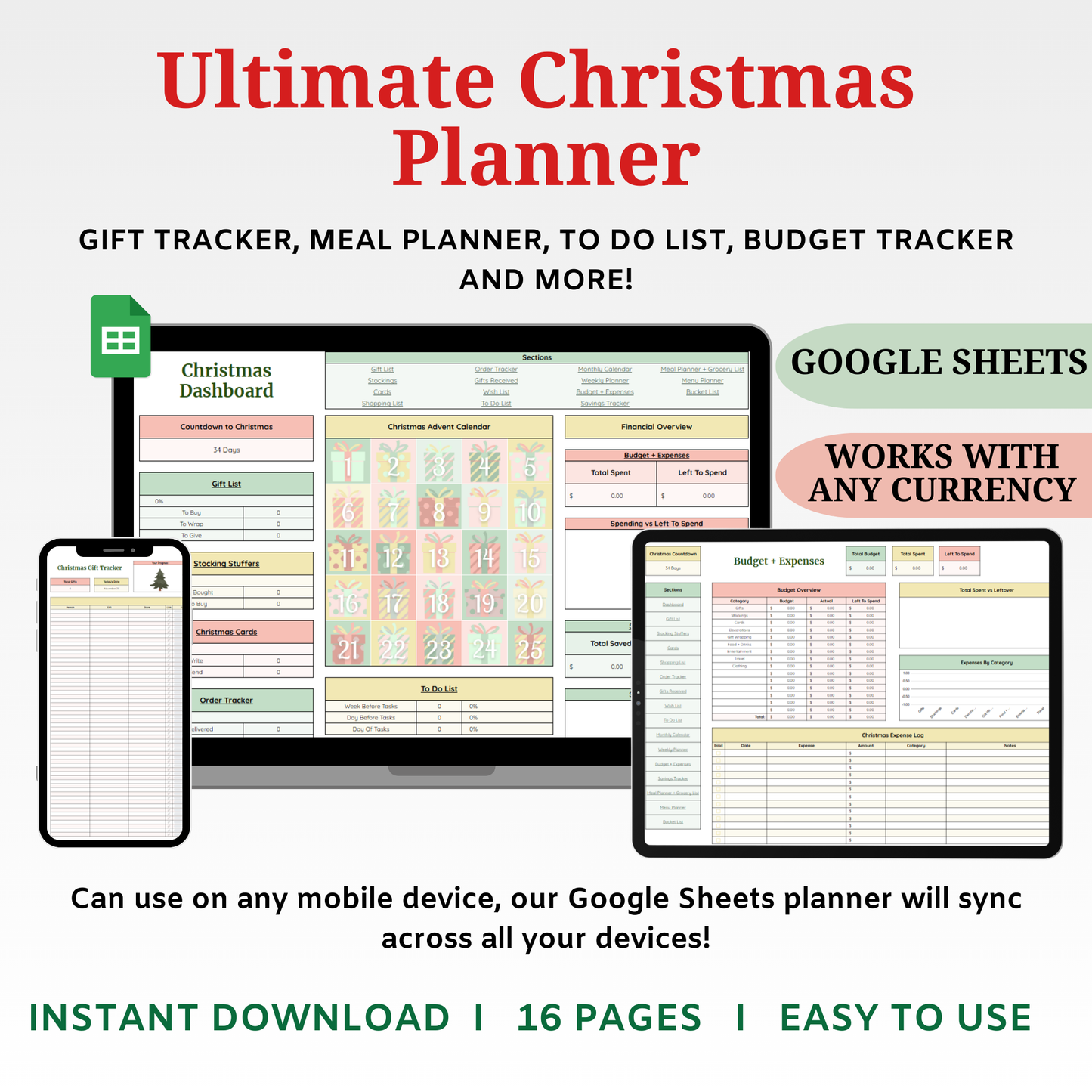 Ultimate Christmas Planner Spreadsheet - Budget, Gift Tracker & Menu Planner Google Sheets