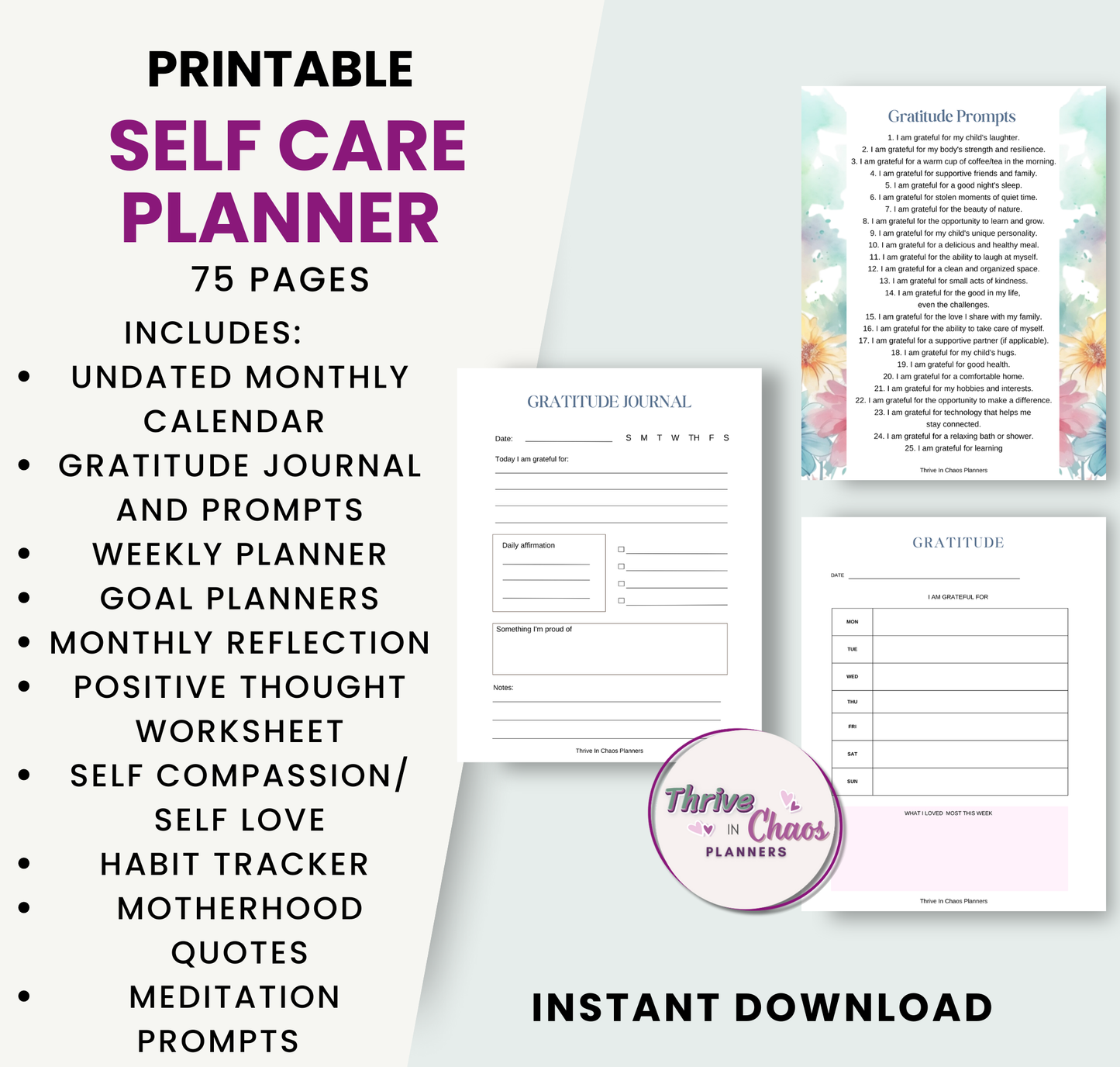 Printable Self-Care Planner for Moms, Gratitude: Mindfulness, & Mood Tracker Journal