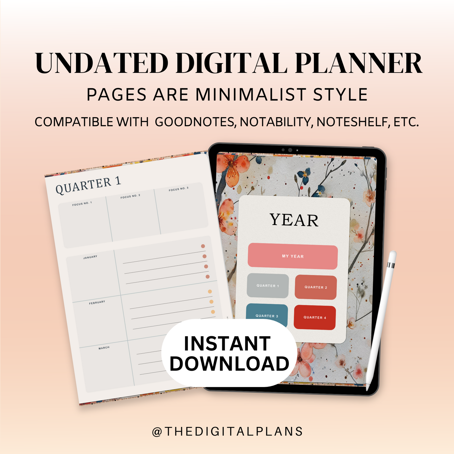 Watercolor Floral Digital Planner, Undated Minimalist for iPad & Android