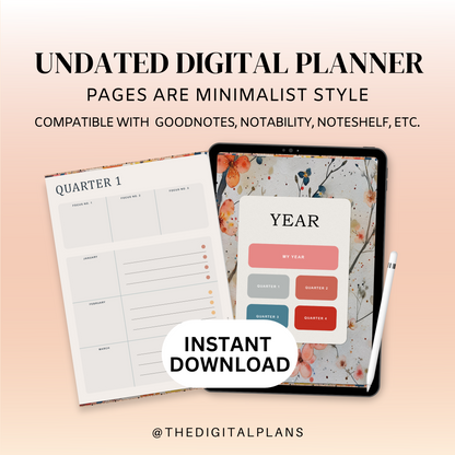 Watercolor Floral Digital Planner, Undated Minimalist for iPad & Android