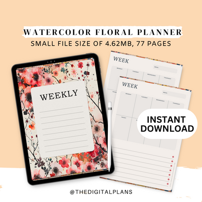 Watercolor Floral Digital Planner, Undated Minimalist for iPad & Android