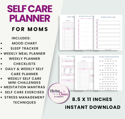 Printable Self-Care Planner for Moms, Gratitude: Mindfulness, & Mood Tracker Journal