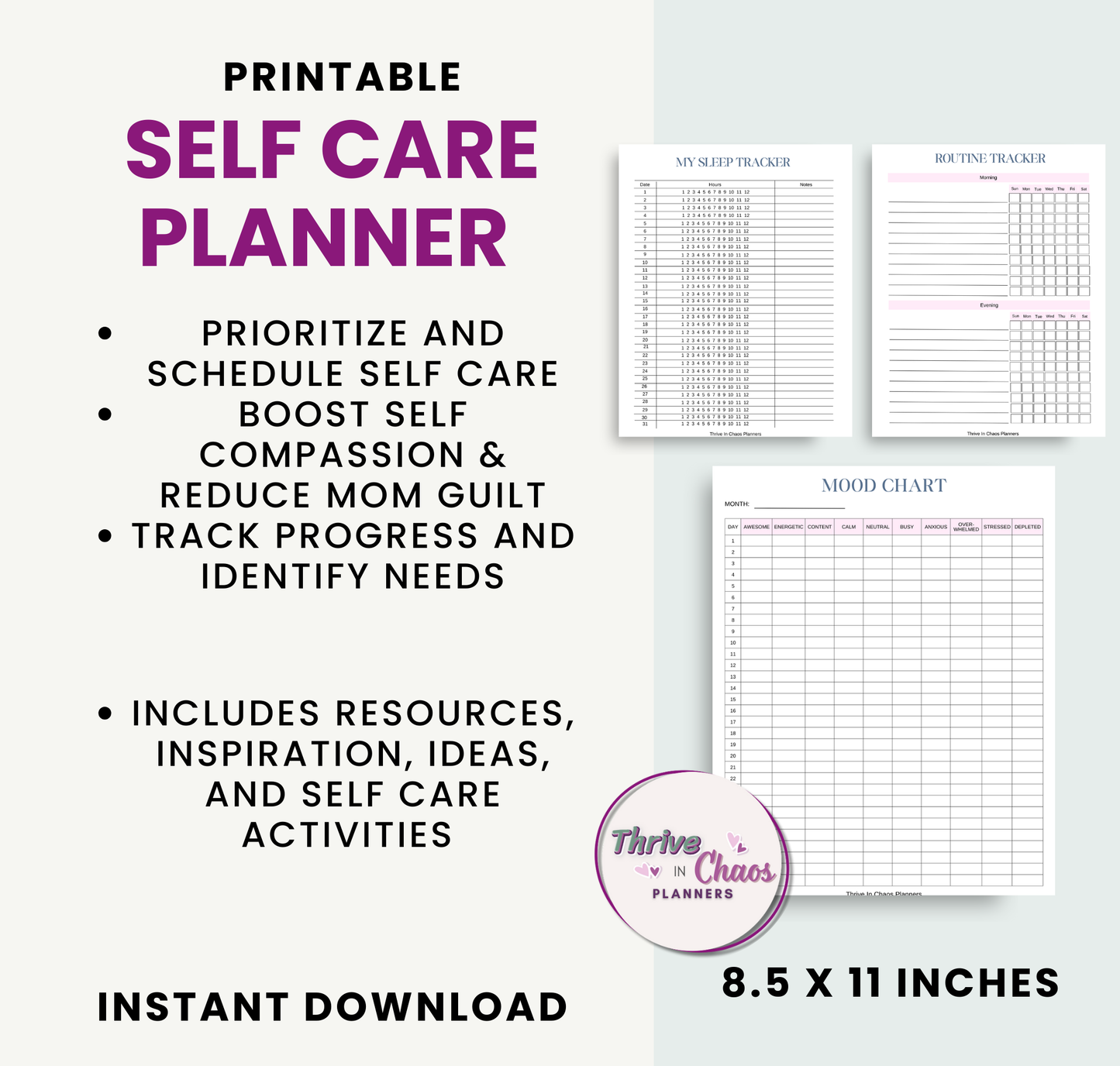 Printable Self-Care Planner for Moms, Gratitude: Mindfulness, & Mood Tracker Journal