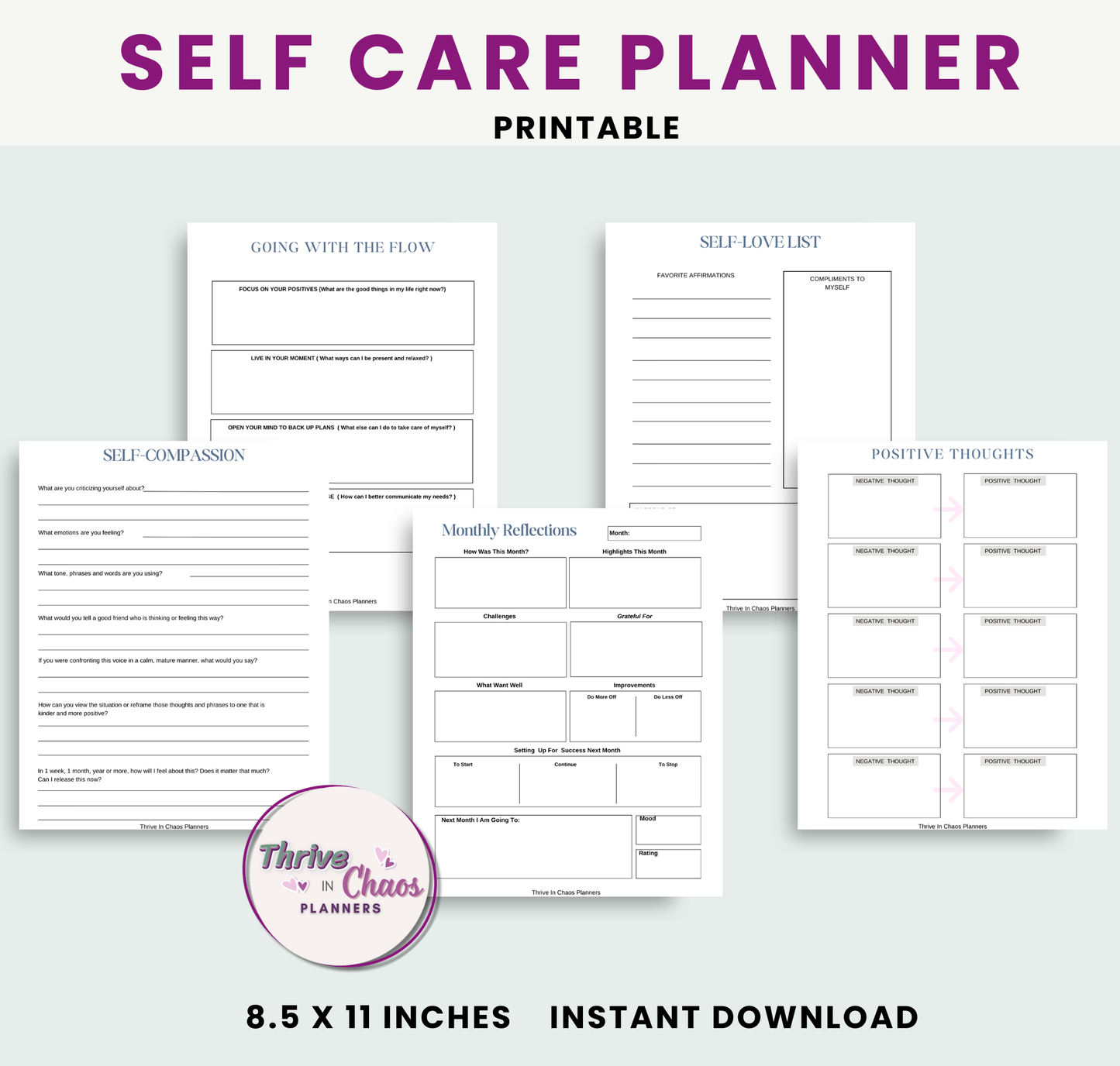 Printable Self-Care Planner for Moms, Gratitude: Mindfulness, & Mood Tracker Journal