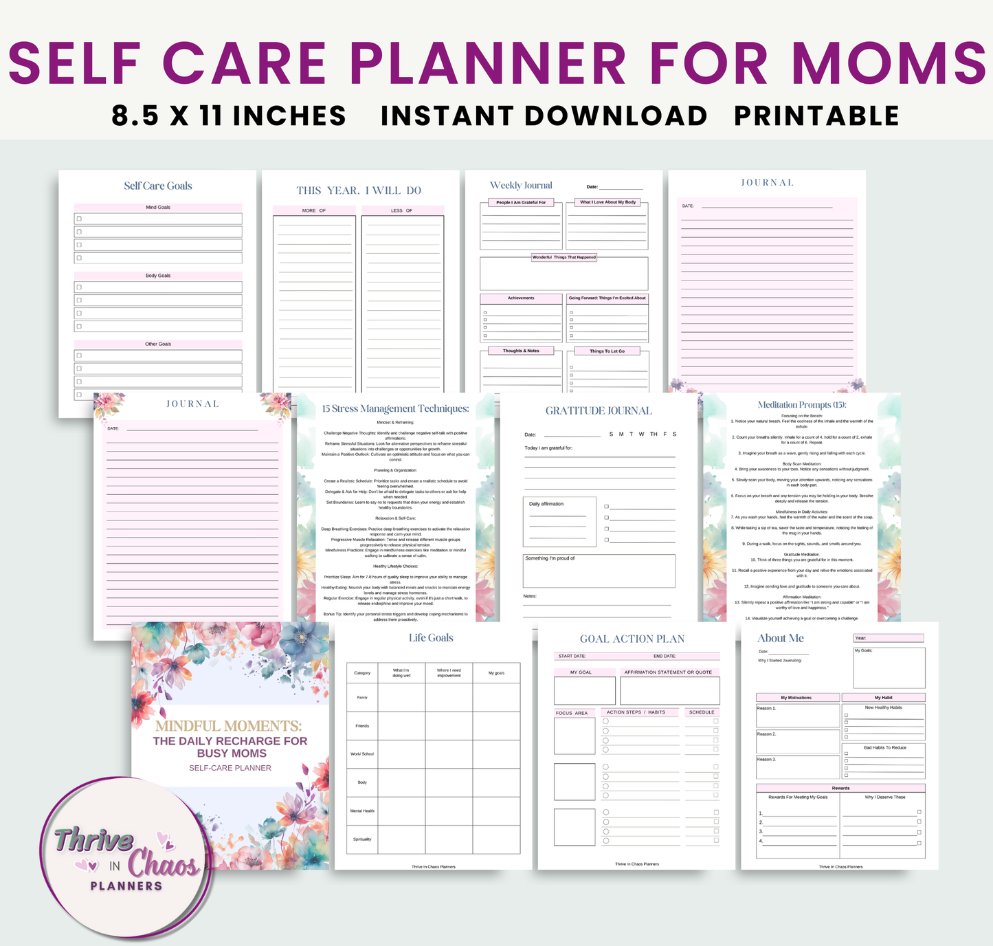 Printable Self-Care Planner for Moms, Gratitude: Mindfulness, & Mood Tracker Journal