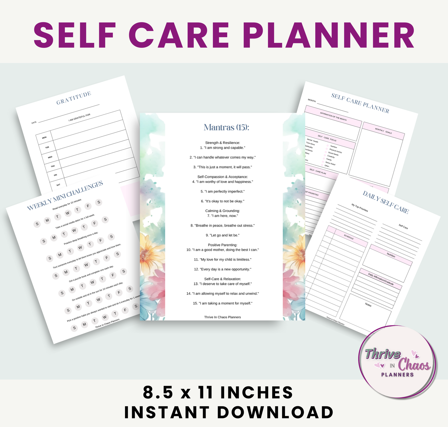 Printable Self-Care Planner for Moms, Gratitude: Mindfulness, & Mood Tracker Journal