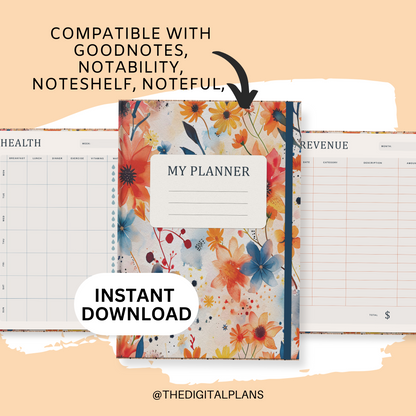 Watercolor Floral Digital Planner, Undated Minimalist for iPad & Android