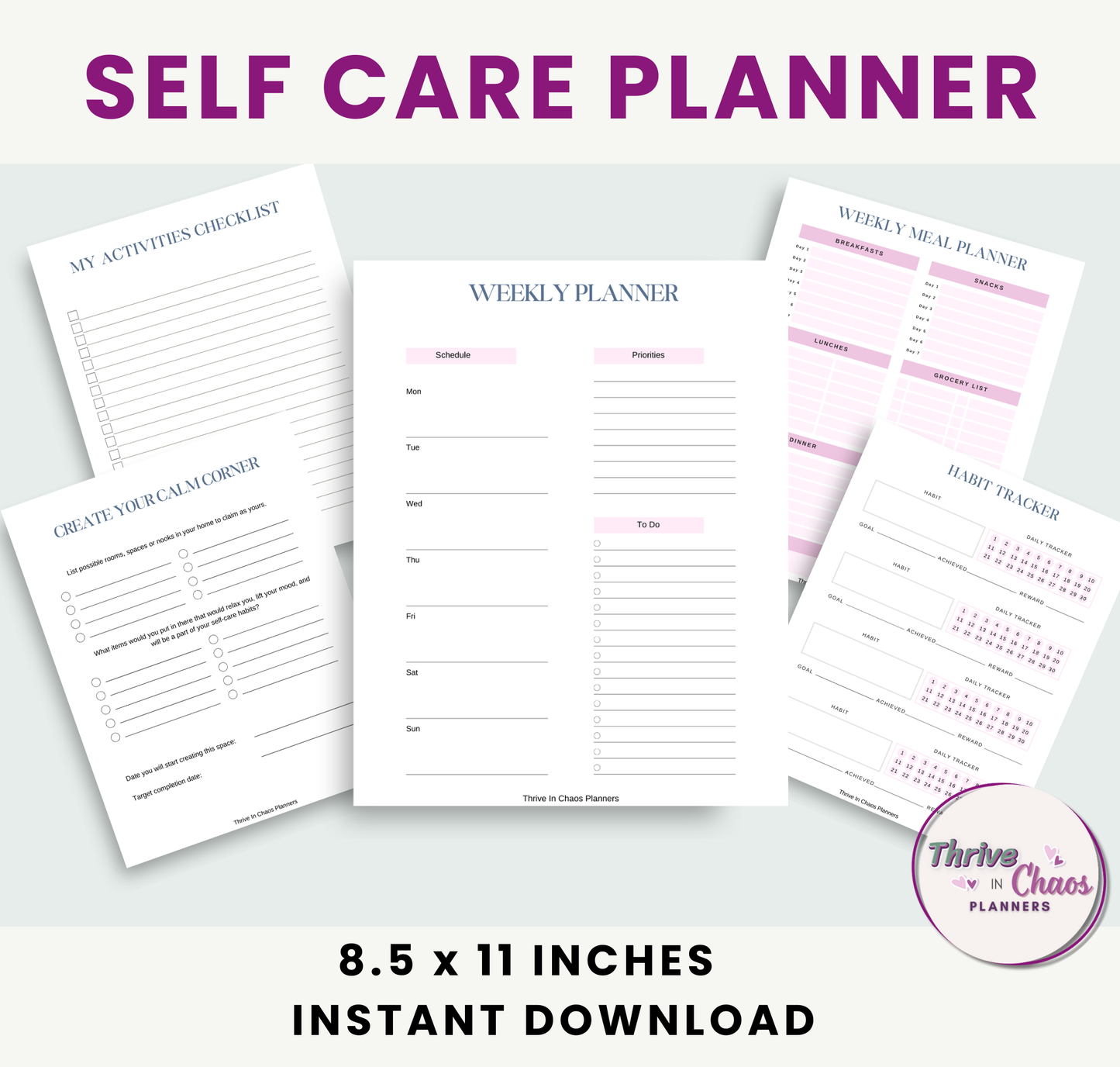 Printable Self-Care Planner for Moms, Gratitude: Mindfulness, & Mood Tracker Journal