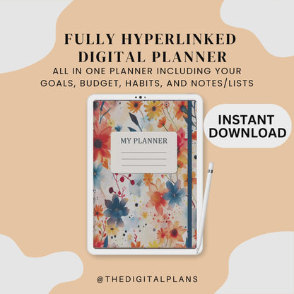 Watercolor Floral Digital Planner, Undated Minimalist for iPad & Android